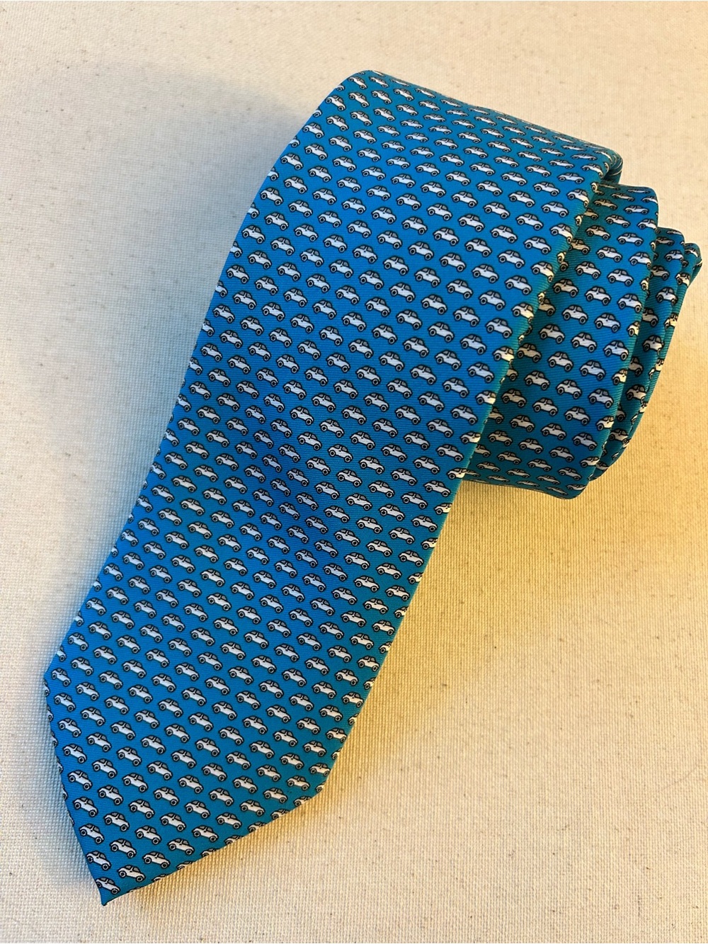 Beep beep Turquoise & White Micro-Car Pattern Tie - New